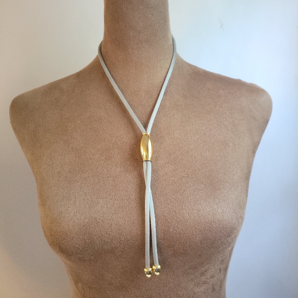 Vintage Gold Tone Slide Bolo Tie Lariat Necklace Silver Mesh Cord 28" Western